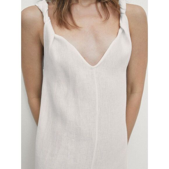 Massimo Dutti Womens Midi Dress M White Linen With Strap Details 6609/609 NWT - Picture 2 of 12